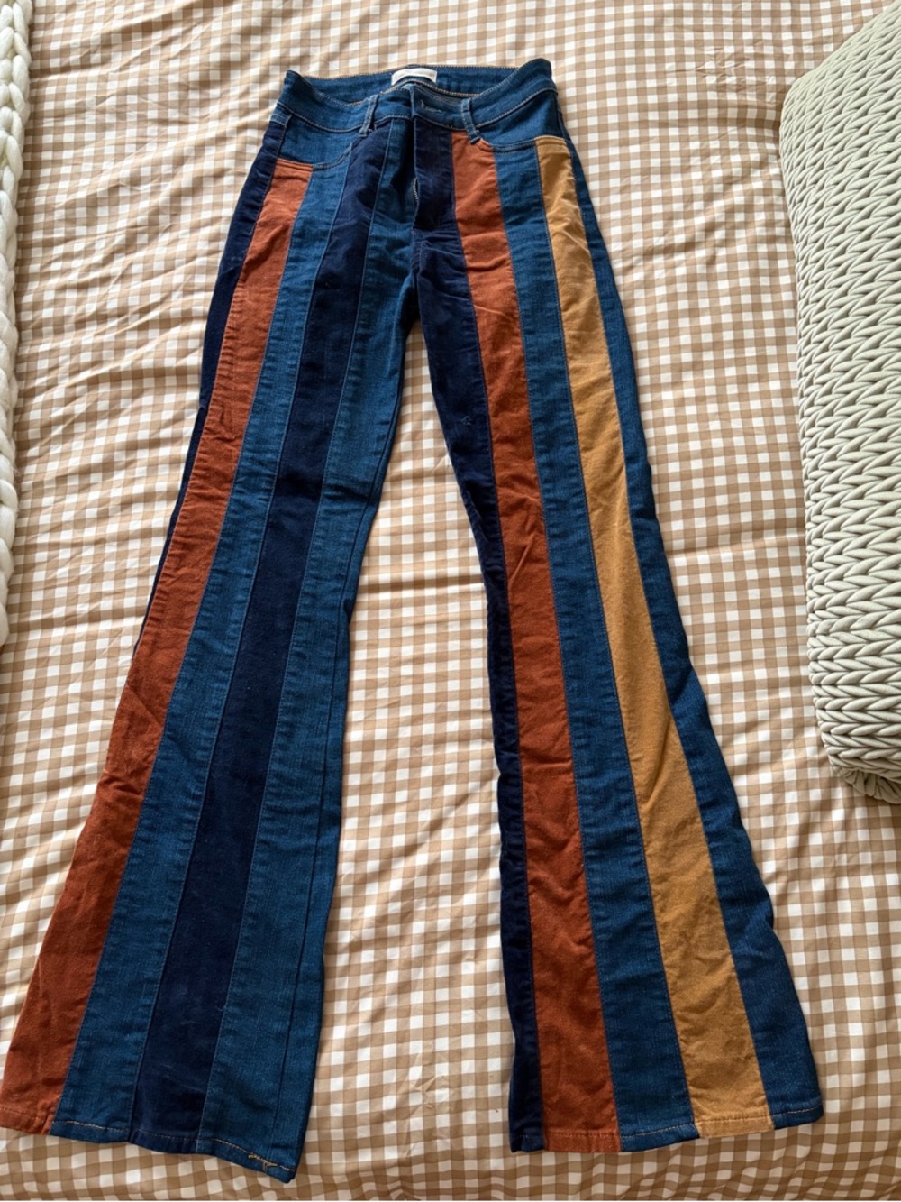 Altar'd State Striped High-Waist Flare Jeans in Navy, Rust & Mustard